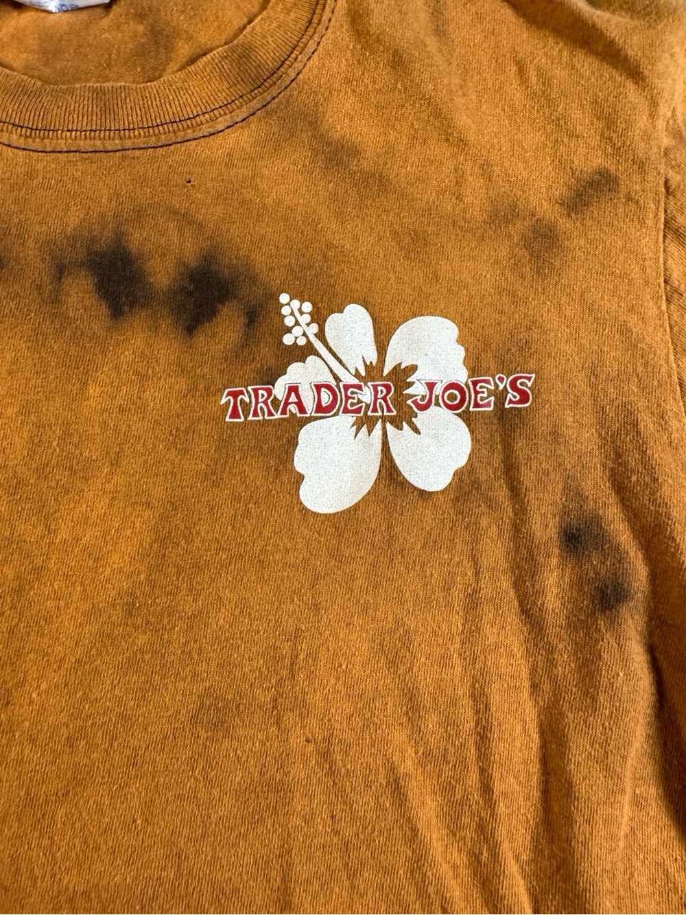 Trader Joe's Long Sleeve Shirt Brown Tie Dye Hibiscus Logo Port & Company Small - Picture 2 of 13